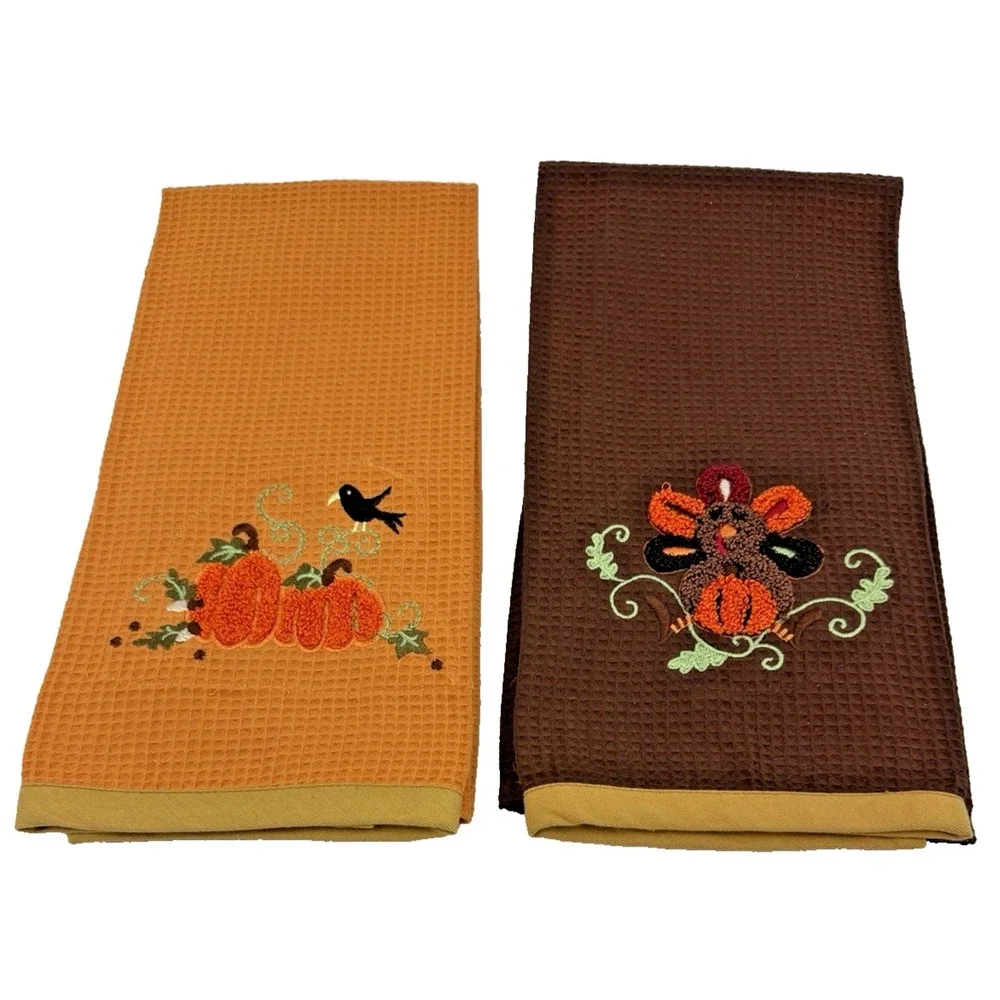 Kitchen Towels Orange & Brown - Crewel Embroidery of Pumpkins &Turkey Lot of 2
